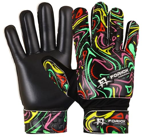 Foriox International Guantes de portero de fútbol para niños y niñas, guantes de portero de fútbol con palmas de agarre de 4 mm (negro, talla 5)