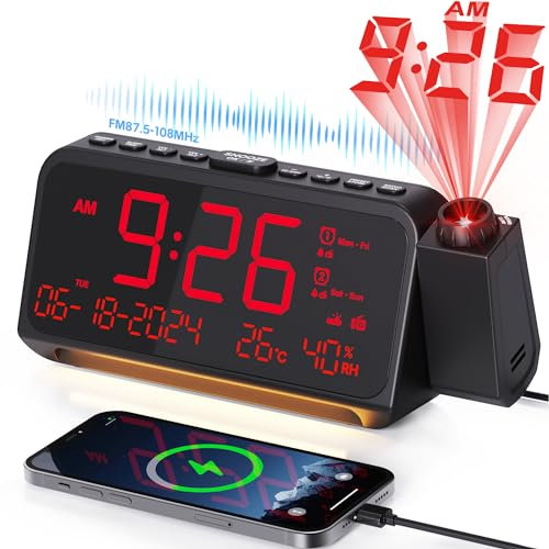 Mesqool Projection Digital Radio Clock with Snooze and Night Light, FM Clock Radio with Temperature and Date Display, Dual Alarm for Weekday and Weekend with USB & Type C Charging