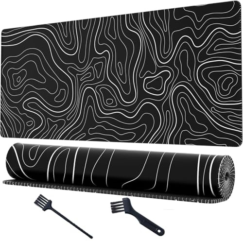 Mis.Moon Grand Tapis de Souris de Jeu, Cartes Topographiques avec Bords Cousus, Tapis de Souris de Jeu, éLéGant avec sous-Couche Antidérapante (Noir, 80 * 30)