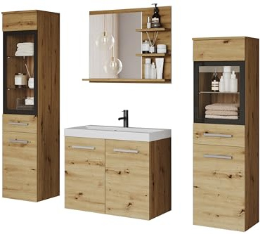 MINIO go for it - Badezimmermöbel Set Marit 1 Spiegel mit Regal ohne LED | Schrank mit Waschbecken, Laminierte Spannplatte, Farbe: Artisan Eiche
