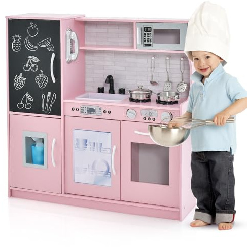 GOPLUS Kinderküche aus Holz, Kinderspielküche mit Mikrowellen, Backofen, Wasserbecken, Kreidetafel & Eismaschine, Stabiler Spielküche mit Spielzubehör, für Kinder 3-6 Jahre (Hellrosa)