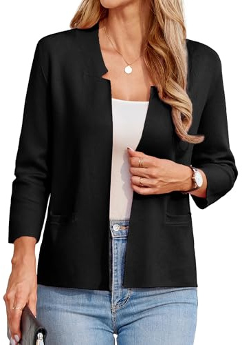 GRACE KARIN Women Casual Short Sweater Blazer Lightweight 3/4 Sleeve Cropped Knit Blazer Jackets Work Cardigan Shrug S Black