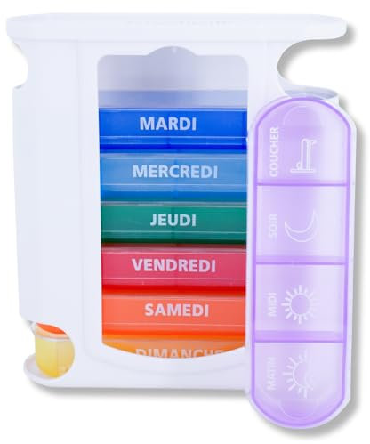 MEDIPILL - Tower Dose Pilulier Semainier Français | Organisation Hebdomadaire des Médicaments | 7 jours | 4 Moments de Prise par Jour | 28 Compartiments | Sans BPA | Une pièce | MED-S28T-A-F