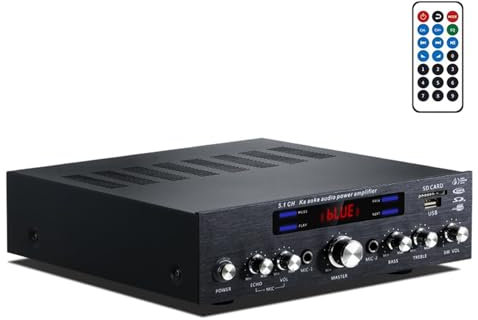 Amplificateur Bluetooth 5.1, Amplificateur De Puissance Audio, avec Télécommande, Double Microphone, Canal 5.1, Lecture USB/SD, Décodage sans Perte, Ajustement De Réverbération, pour La Maison