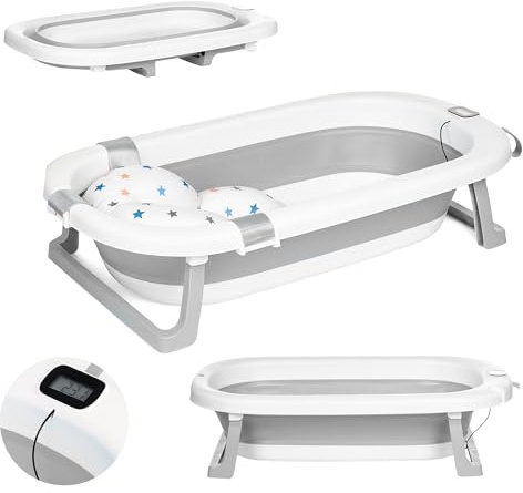 Valle Verde Baby Badewanne, Babywanne, Kinderbadewanne - Mit integriertem Thermometer, Badekissen - Anti-Rutsch, Faltbar, Platzsparend, 0-2 Jahre - 80 cm x 52 cm x 20 cm, Grau