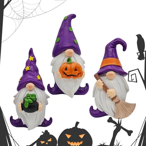 Garden Gnomes Statues - Set of 3 Gnome Figurines, Halloween Resin Decorations for Table Home Porch Window Entrance Garden Outdoor Indoor Parties