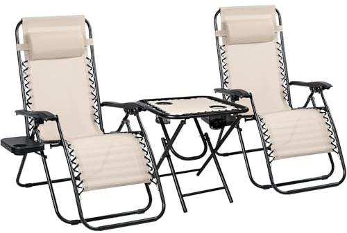 X2 Gartenliege klappbar & wetterfest. Set Sonnenliege klappbar. Wetterfeste Gartenliege mit Tisch, Kopfstütze & Getränkehalter. Relaxliege für Garten. Sonnenschutz. Auto (2 beige Liegestühle + Tisch)