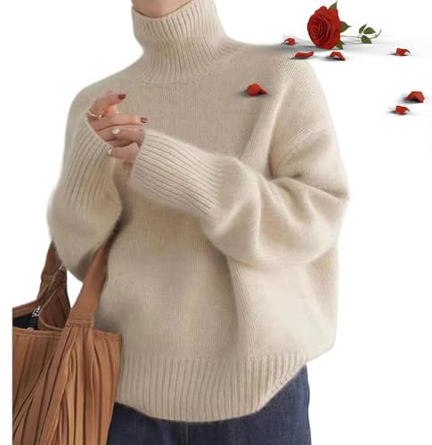 POIOZXD Maglione in cashmere con collo alto da donna, maglione oversize con collo dolcevita in cashmere, maglioni caldi in maglia per donne, maglioni con collo dolcevita morbidi e accoglienti, Beige