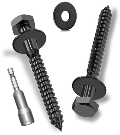 Ezitruz 15 piezas de tornillos hexagonales M6x75mm para madera con arandelas, tornillos hexagonales negros de acero inoxidable A2V2-DIN571, llave de tuercas con arandelas y llave de impacto