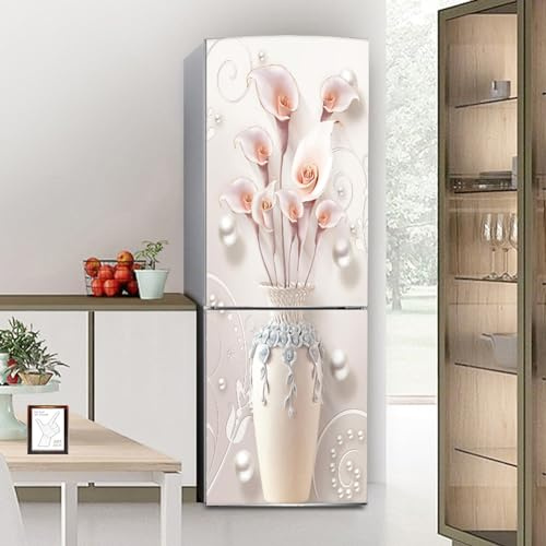 Adhesivos para nevera, Adhesivo for nevera, cubierta completa for puerta, cubiertas for frigorífico, pegatinas de pared for cocina, jarrón Retro, flor blanca, lirio cala(M: 60x180 cm)