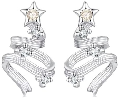 Qings Boucles d'oreilles Sapin de Noël Argent sterling 925 ruban étoile scintillante pour femmes