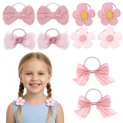 TIESOME 10 stycken hårsnoddar, flickor, rosa flätgummi med rosett och blomma, söt hårprydnad för baby och barn, mjukt elastiskt hårband för fint hår