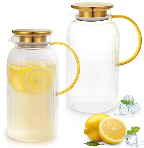 2 stycken 2 liters vattenkaraff av glas, glaskaraff och lock i rostfritt stål, tjock panna av borosilikatglas, värmebeständig vattenkokare, perfekt för kallt bryggt kaffe, is, solte, drycker (2)