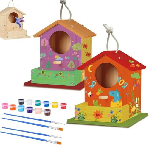 Sunshine smile 2 Stück Vogelhaus Bausatz,Vogelhaus Zum Bemalen,Vogelhaus Bastelset,Vogelhäuschen Bausatz,Holz Puzzle Machen Set,Vogelkasten Basteln Geschenke