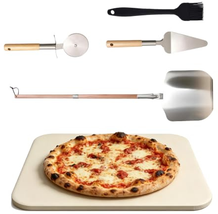 Tatqilo 5PCS Pizza Stone Set, 30 x 38cm Rectangular Baking Stone for Oven | Pizza Making Kit with Pizza Aluminium Peel, Pizza Spatula & Cutter, Large Cordierite Pizza Stone for Oven Baking,BBQ Grilling