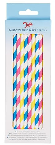 Tala Pastel Paper Straws - Recyclable Colourful Striped Drinking Straws, Non-Soggy & Food Safe Disposable Straws - Suitable for All Occasions - 24 Pack, 20cm x 0.5cm, Neon