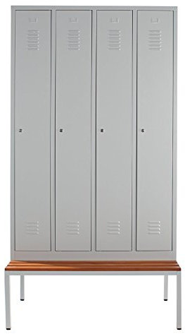 Schrank & Stuhl Spind – Metallspind mit 4 Abteilen und Sitzbank | 30 cm Abteilbreite, Lieferung komplett montiert | RAL 7035 lichtgrau