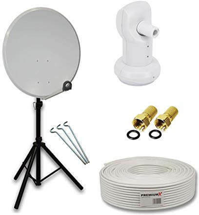 PremiumX Camping Satelliten-Komplettanlage 80cm Satellitenschüssel Aluminium SAT Single LNB 10m Kabel F-Stecker Dreibein Stativ
