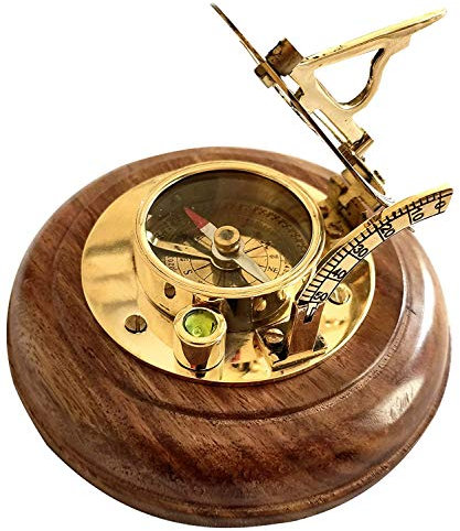 Ganga Nautical Sonnenuhr-Kompass aus Holz (Gold_7,6 cm)