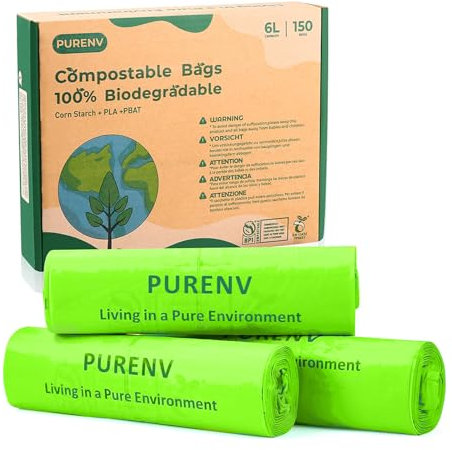 PURENV 6L Sacchetti Spazzatura Umido Compostabili, 150 Pezzi Sacchi Spazzatura 100% Compostabili e Biodegradabili, Neutrali dal Punto di Vista Climatico, con Certificato EN13432