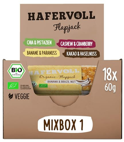 HAFERVOLL Organic Mixbox, 4 Flapjack-Sorten, 18 x 60g Bio-Müsliriegel, Bio-zertifiziert, Cacoa Nib & Hazelnut, Berry & Cashew, Chia & Pistachio, Banana & Brazil Nut