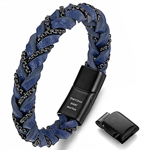 Murtoo Bracelets « Manilles de la liberté » pour homme, bracelet en cuir tressé avec chaînes noires et fermoir magnétique, 8.5 inch, Sans pierre précieuse