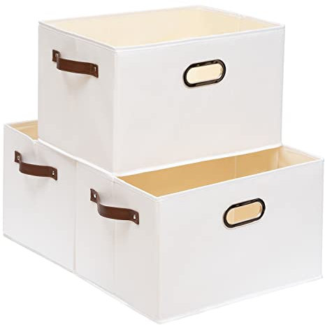 Yawinhe 3 Pcs Cajas de Almacenaje, Cubos de Almacenamiento de Tela, Organizador Armario, para Ropa, 33x23x20cm, Blanco