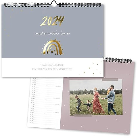 Bastelkalender 2024 zum Selbstgestalten I ideal für hochkant Handybilder | [Blattgold] Wandkalender zum Zeichnen und Bekleben | Jahreskalender mit Monatsübersicht | Fotokalender A4 Querformat