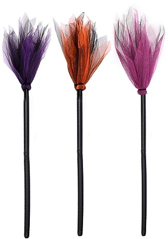 Lezevn 3 escobas de bruja de Halloween, color morado, naranja, rosa, rojo, cosplay, escoba de bruja, accesorios de disfraz para decoración de fiesta de Halloween