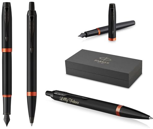 PARKER IM Professionals Vibrant Rings Set Füllfederhalter und Kugelschreiber mit Gravur | Premium Stift | Geschenkbox | personalisiertes Geschenk | graviert | Geburtstag (Orange PVD)