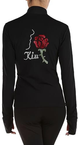 Youthful flying Eiskunstlauf Jacke Damen Mädchen Eislauf Trainings Tops mit Kristalldiamant Rosen Strasssteinen Fleece Tops mit Daumenloch(Size:3XS,Color:Schwarz-Dünn)