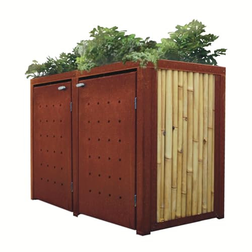 Mülltonnenbox aus Cortenstahl und Bambus, mit Lochblech-Tür und Pflanzdach (Für 2 Tonnen à 240 Liter)