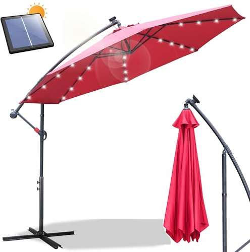 Daromigo Sonnenschirm LED Solar 300 cm Rot mit Kurbel| Alu Ampelschirm mit Ständer | Gartenschirm Sonnenschutz UV-Schutz Aluminium | Kurbelschirm Marktschirm wasserdicht für Garten