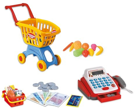 Teorema Giocattoli, Cassa Giocattolo per Bambini e Carrello Spesa Bambini, Set Supermercato Completo con Registratore di Cassa Funzionante, Scanner Luci e Suoni, Cibo Giocattolo e Soldi Finti
