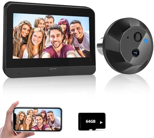 Visiophone sans Fil,WiFi 1080P Judas de Porte Camera Surveillance avec 4.3 Pouces écran d'affichage,Détection Humaine,Audio Bidirectionnel,La Fonction de Vision Nocturne+ 64G carte mémoire (B)