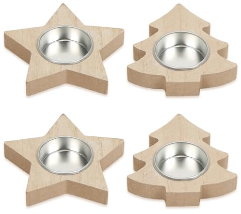Portacandelitas Madera, 4 Piezas Portavelas Estrella y Árbol de Navidad, Portavelas de Navidad, Ideal para Manualidades Regalos Decoración de Mesa