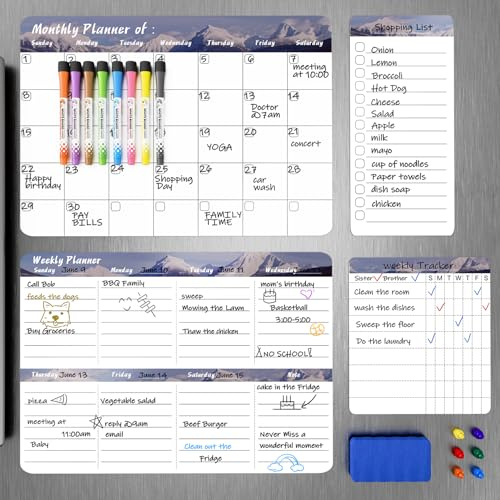 Marsrock Calendrier Magnétique pour Réfrigérateur 42x30cm (Lot de 4) Planificateur Hebdomadaire & Mensuel, Tableau de Tâches,Liste de Courses/To-Do,avec 8 Marqueurs,6 Aimants et 1 Effaceur – Gris
