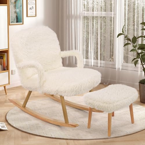 KeepGoon Weißer Kaschmirstuhl, Sessel, Schaukelstuhl mit Hocker, Einzelsessel mit Hocker, Chaiselongue, Polsterstuhl mit Armlehnen und Rückenlehne, Wohnzimmer, Schlafzimmer und Balkon