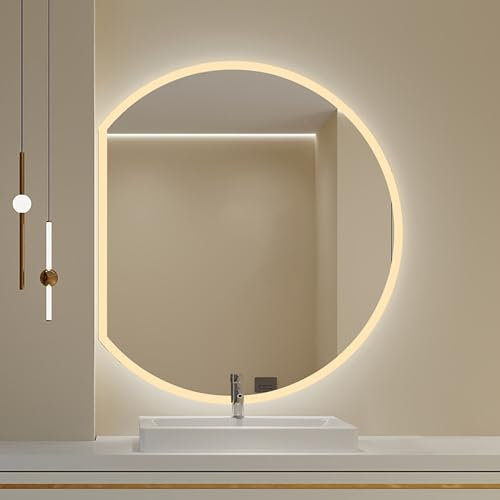 Pealihuy Specchio da bagno da parete antiappannamento, specchio per il trucco a LED intelligente a mezzaluna irregolare 24x21 pollici HD antideflagrante specchio decorativo retroilluminato con pulsan