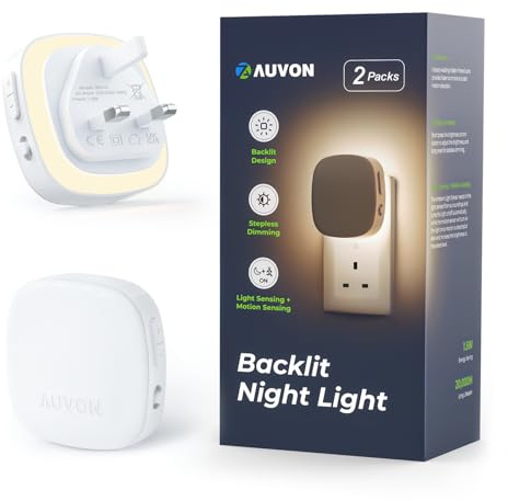 AUVON Night Light Plug in Wall, 2 Pack Backlit LED Motion Sensor Night Light with Dusk to Dawn Sensor, Warm Dimmable Light with Adjustable Brightness 1-50 lm 8 Levels for Hallways, Stairs, Bedrooms