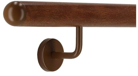 TIBU Pasamanos de aluminio caoba decoración de madera 30-600 cm pasamanos de pared escalera soporte de acero inoxidable en ángulo, longitud 60 cm con 2 soportes y tapa semicircular