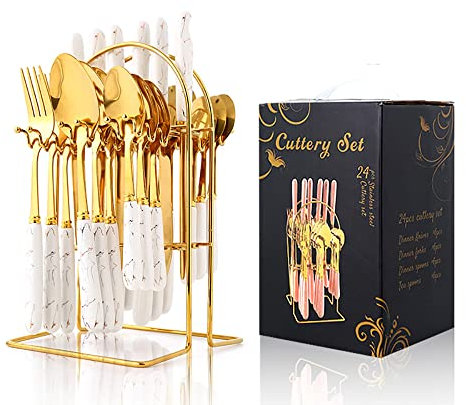 Set di posate 24 pezzi, posate in acciaio inox, set di posate, per 6 persone, 6 cucchiai, 6 cucchiaini, 6 coltelli e 6 forchette. Elegante set da tavola Life, bianco, lavabile in lavastoviglie. D