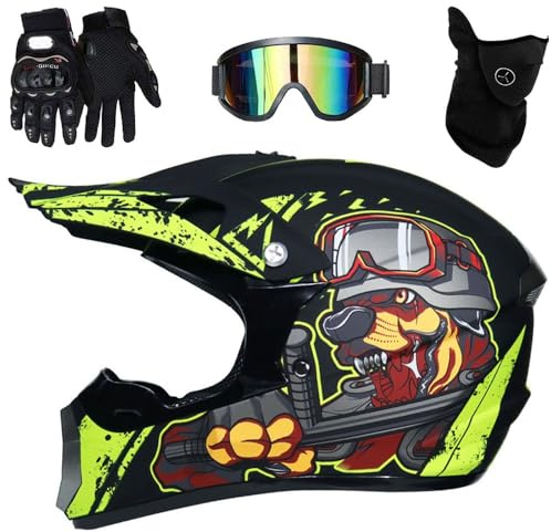 Casco de Motocross para NiñOs y Adultos, para Motocross, Todoterreno, con Gafas Protectoras, Guantes, Cubierta Facial, Aprobado por el Dot(F6,M(54-55cm))