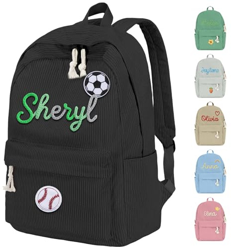 WolunLi - Mochila personalizada para niñas y niños, mochila de pana con nombre y lindo icono escolar para niños, Negro -