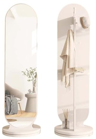 Freistehende Standspiegel-Garderobe, moderner 2-in-1-Standspiegel und Garderobe aus Holz mit Haken und Ablage, 360° drehbarer Ganzkörperspiegel für Wohnzimmer und Schlafzimmer (weiß)