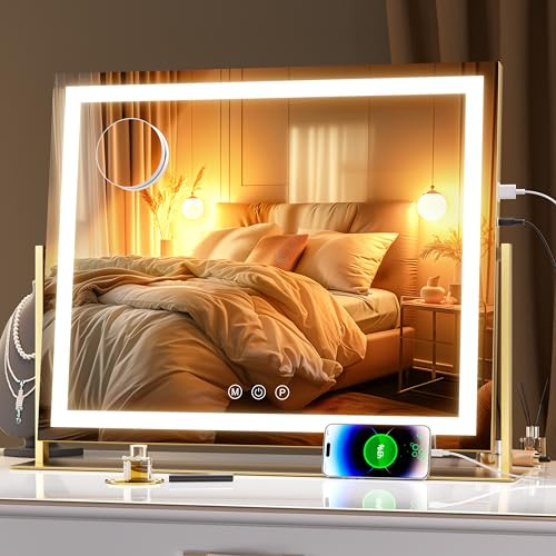 Hasipu Schminkspiegel mit Licht, Spiegel mit Beleuchtung, LED Kosmetikspiegel mit 10x Vergrößerung und USB-Ladeanschluss, 3 Farbtemperatur Licht, Smart Touch, 55 x 45 cm Gold