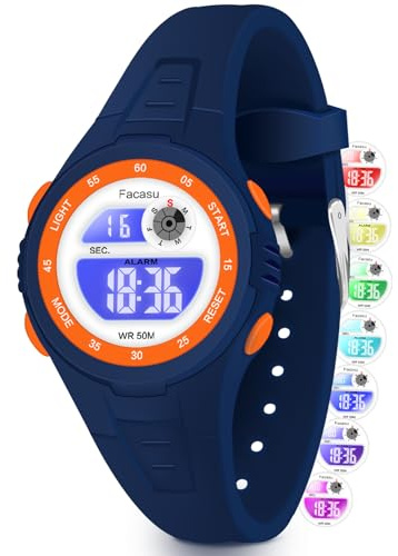 Facasu Reloj Digital Infantil para niñas y niños, Impermeable, Multicolor, Deportivo, fácil de Leer, Ajuste de la Hora con Alarma(Azul Oscuro)