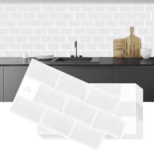 Piastrelle Adesive Bagno, 10 Pezzi Mattonelle Adesive Bagno, Pannelli pvc per Pareti Bagno, 3D Rivestimento Parete, Paraschizzi Cucina Adesivo Muro, per Cucina, Bagno, 30,5 x 15,3 cm (Bianco)