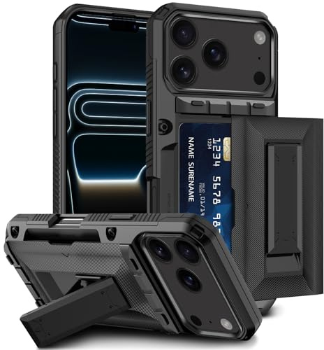 Aolcev for iPhone 17 Pro Max Case with Card Holder [4 Cards] Stand Black | Heavy Duty Shockproof Protection,Dual Layer,Hard PC Soft TPU Bumper Card Slot Wallet Cases for iPhone 17 Pro Max Phone Case