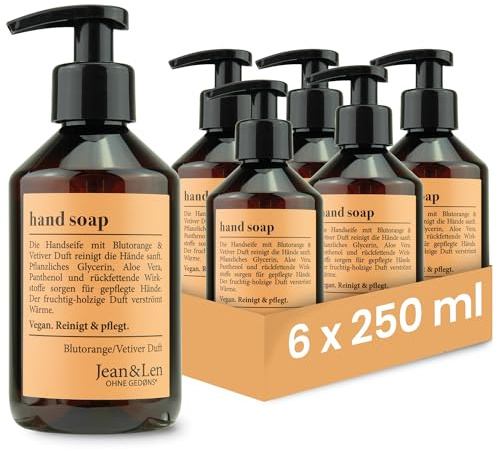 Jean & Len Sapone liquido per le mani all'arancia rossa e vetiver, in set, deterge delicatamente le mani, sapone liquido in dispenser a pompa, profumo fruttato, senza parabeni, vegano, 6 x 250 ml